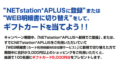 gNETstation*APLUSɓo^h܂́gWEB׏ɐ؂ւhāAMtgJ[h𓖂Ă悤IILy[ԒAuNETstation*APLUS֐VKło^vA܂́AłNETstation*APLUSpĂāuWEB׏iJ[hpWEBؑփT[rXjvɐVKŐ؂ւŁAԒɍv3,000~ȏ̃VbsOpƁAI100lɃMtgJ[h5,000~v[g܂B